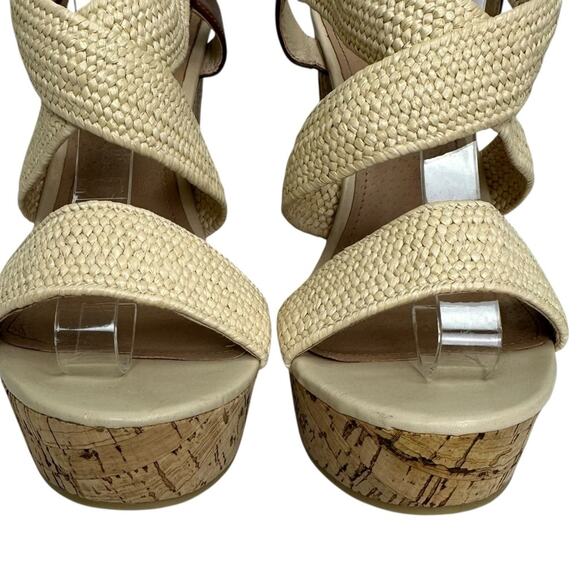 Steve Madden Elika Platform Beige Strappy Cork Heel Wedges  Steve Madden Elika Beige and Brown Platform Wedge Sandals Size 9